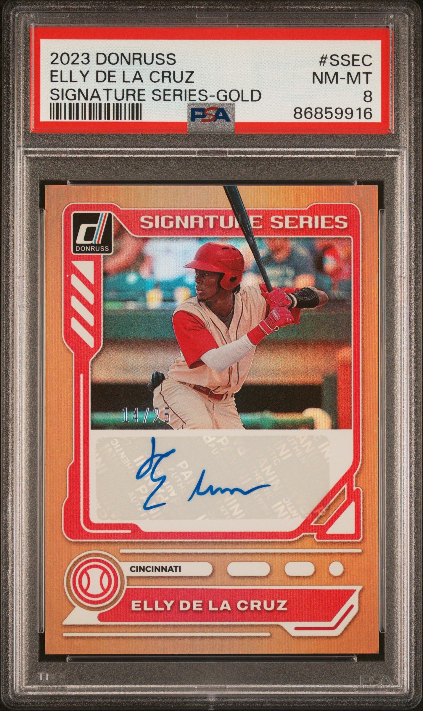 2023 Donruss Signature Series Gold Elly De La Cruz #7 /25 PSA 8