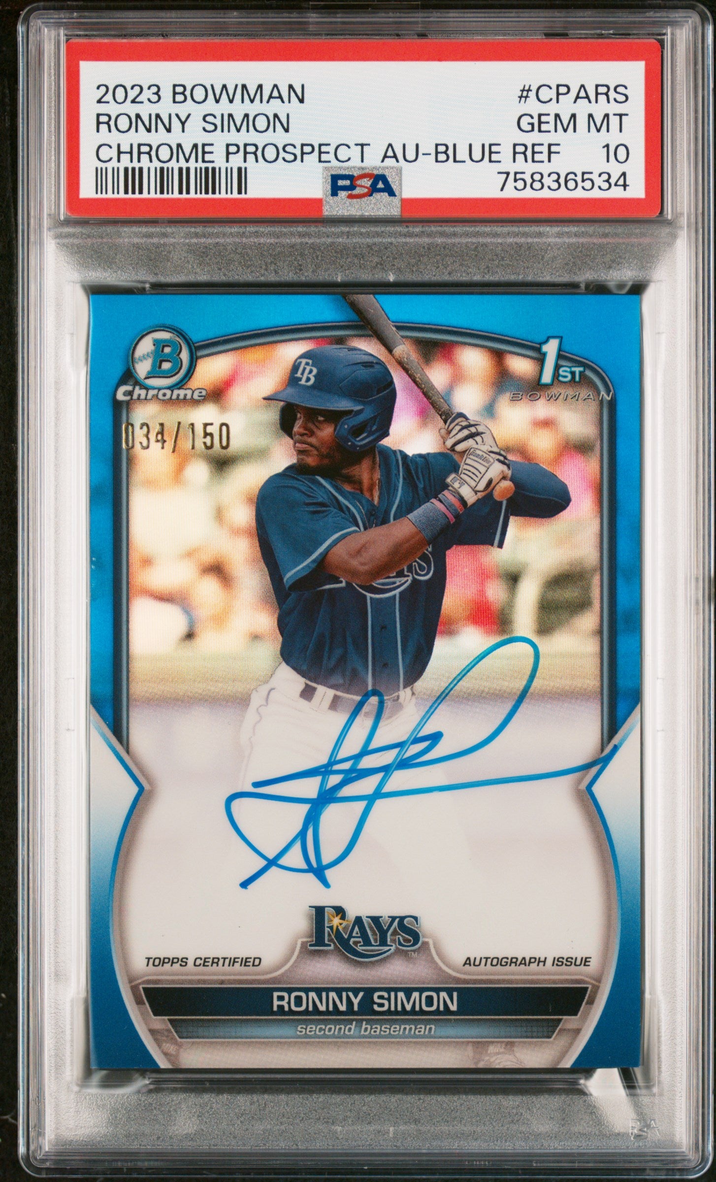 2023 Bowman Chrome Prospect Auto Blue Refractor Ronny Simon /150 PSA 10