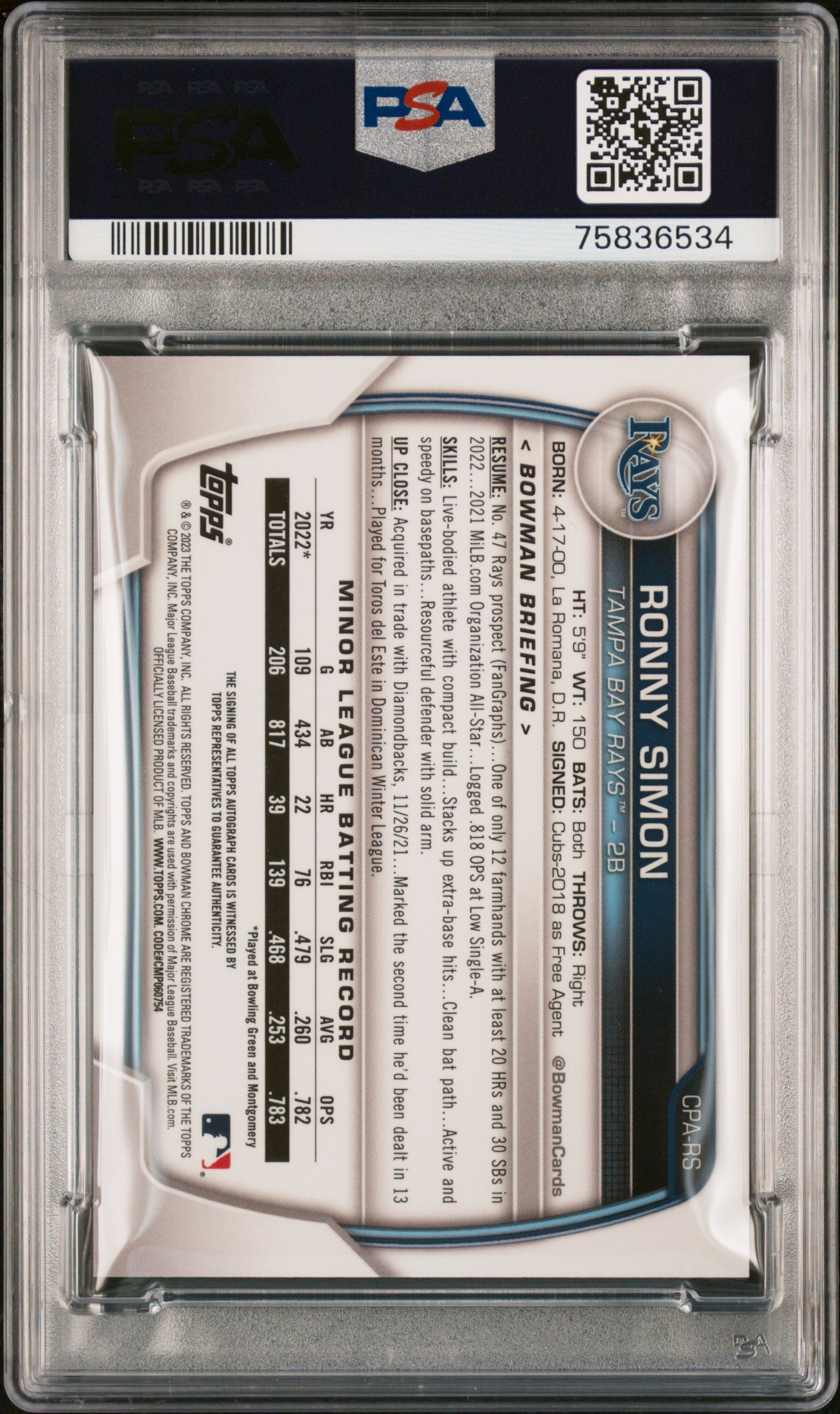 2023 Bowman Chrome Prospect Auto Blue Refractor Ronny Simon /150 PSA 10