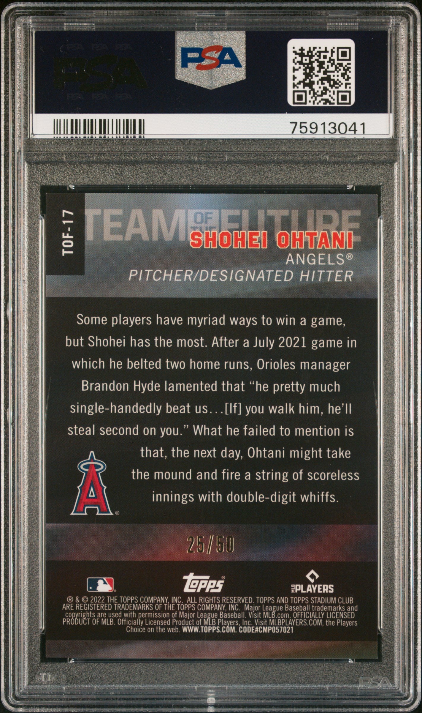 2022 Topps Stadium Club Chrome Shohei Ohtani Team Of The Future Gold /50 PSA 10