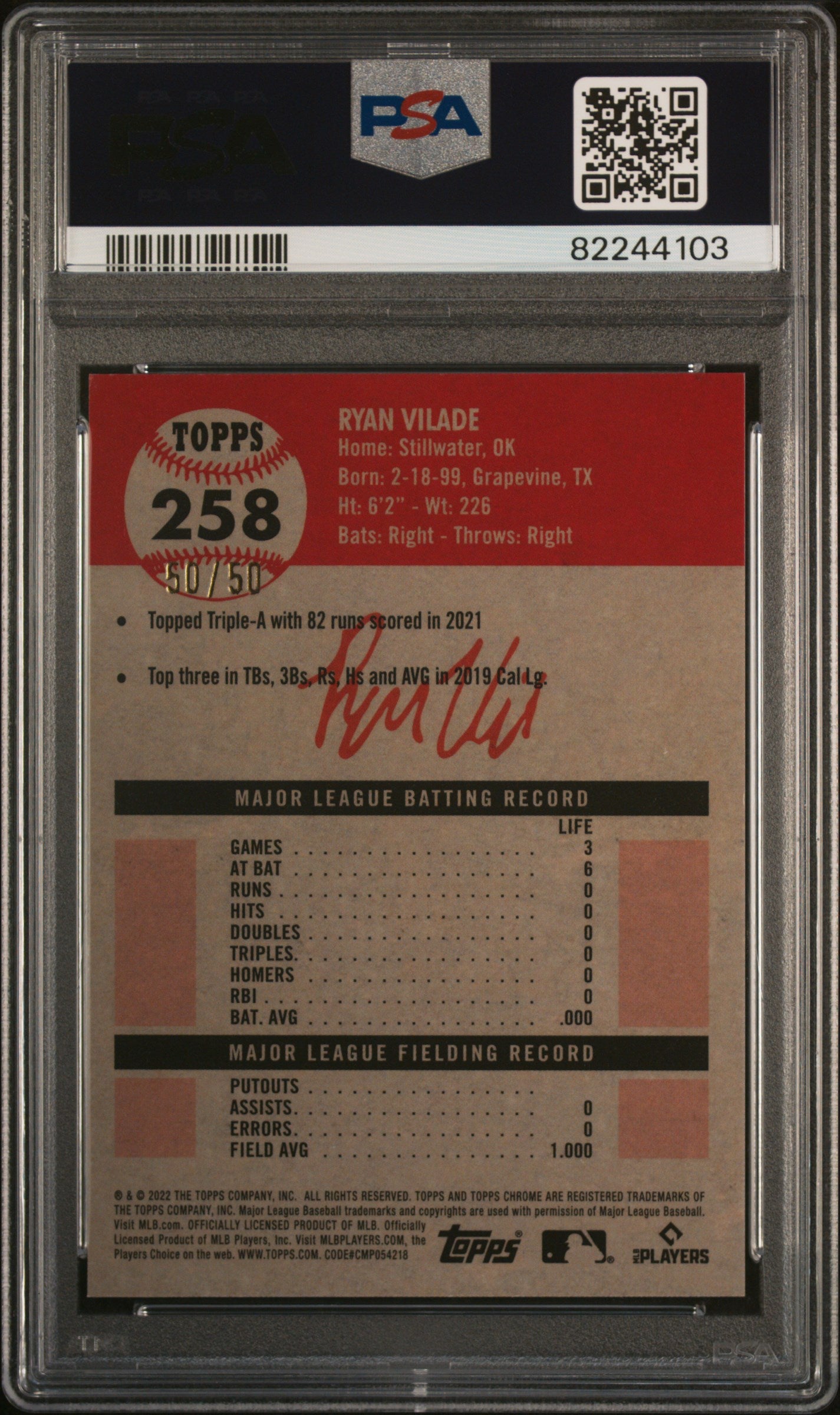 2022 Topps Platinum Toil Cream/Gold Ref Ryan Vilade #258 RC /50 PSA 9