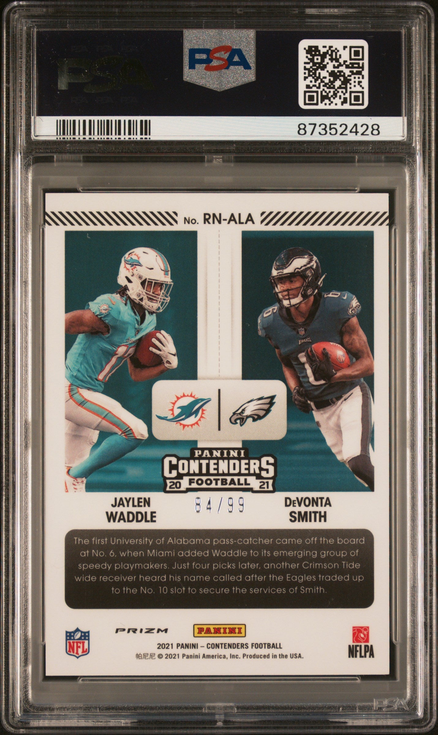 2021 Panini Contenders Optic Round Numbers #RNALA Devonta Smith/Jaylen Waddle Blue PSA 10