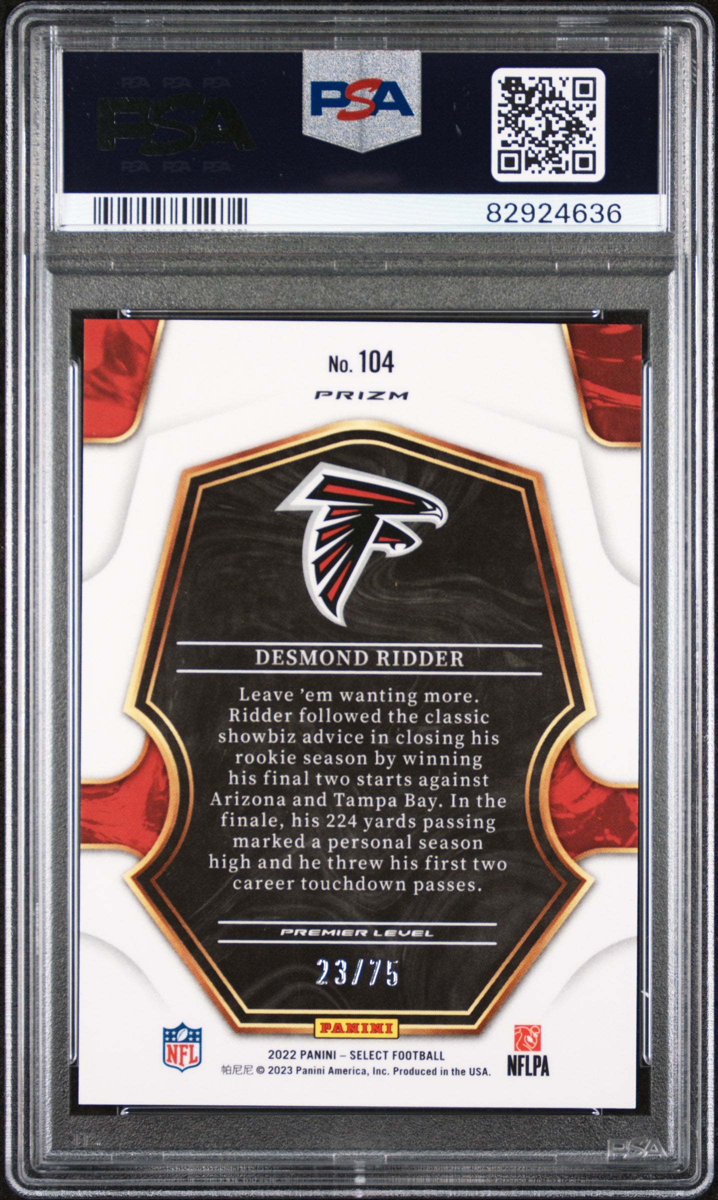 2022 Panini Select Purple Prizm Desmond Ridder #104 RC /75 PSA 10