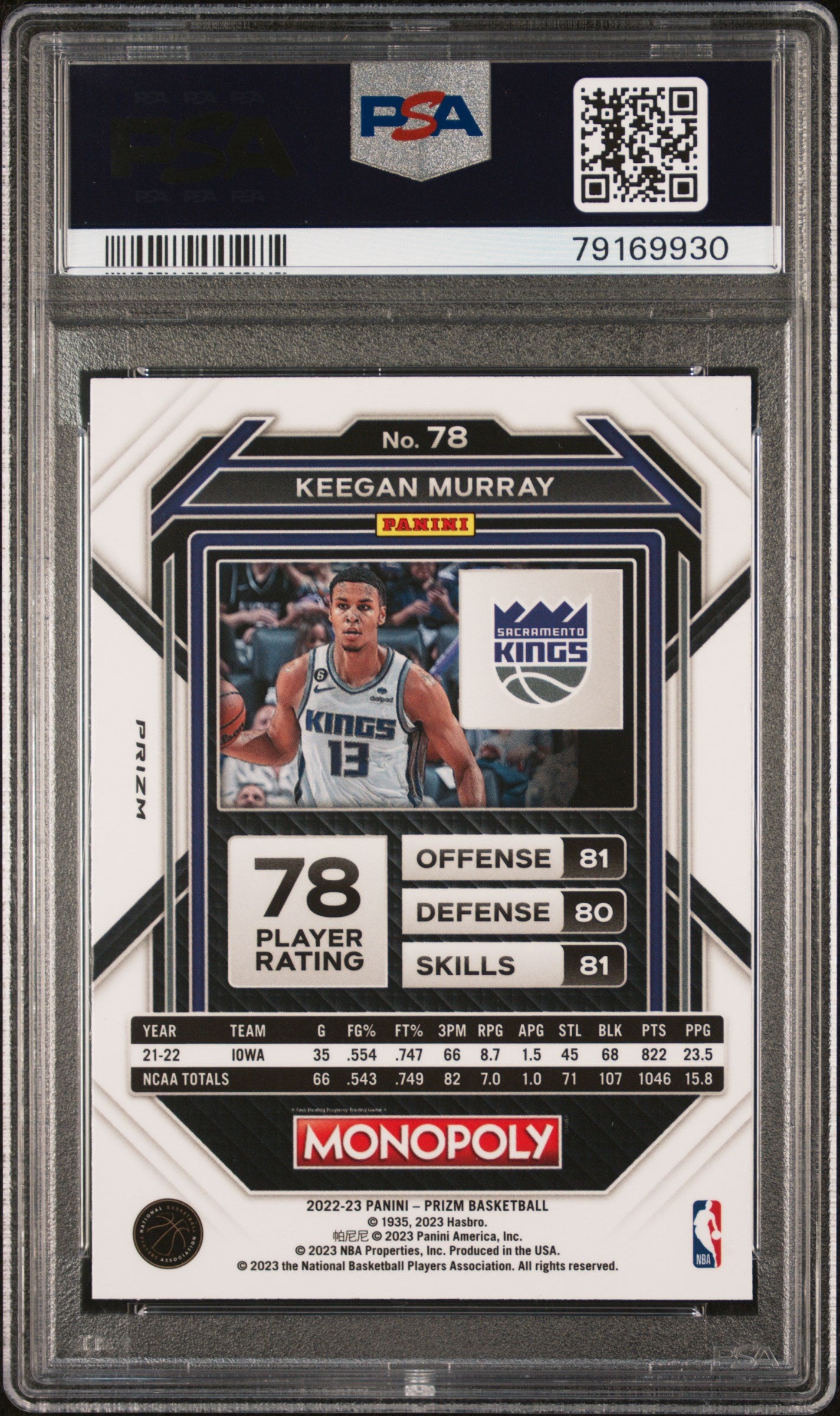 2022 Panini Prizm Monopoly #78 Keegan Murray Silver Prizm PSA 9