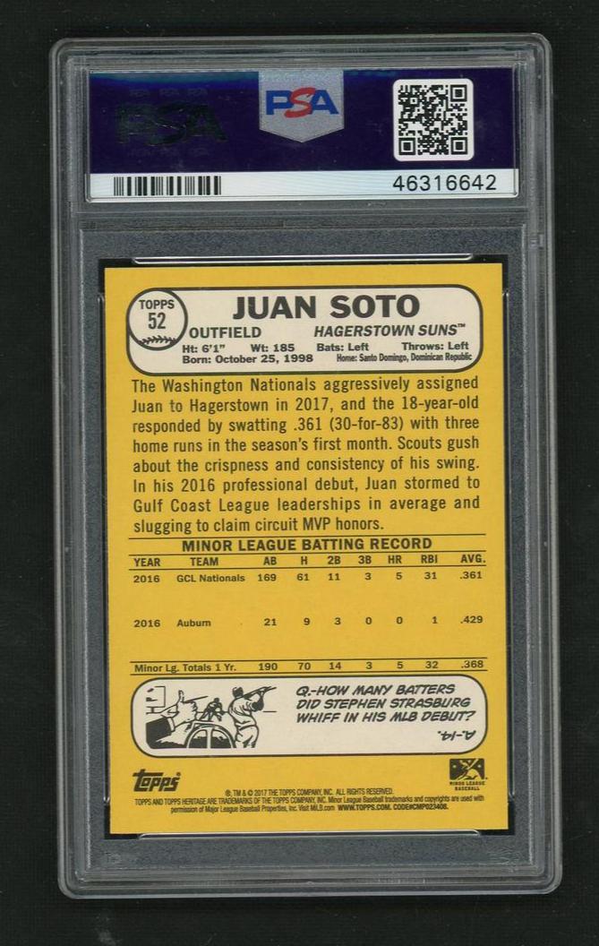 2017 Topps Heritage #52 Juan Soto Rookie PSA 10 GEM MT Hagerstown Suns