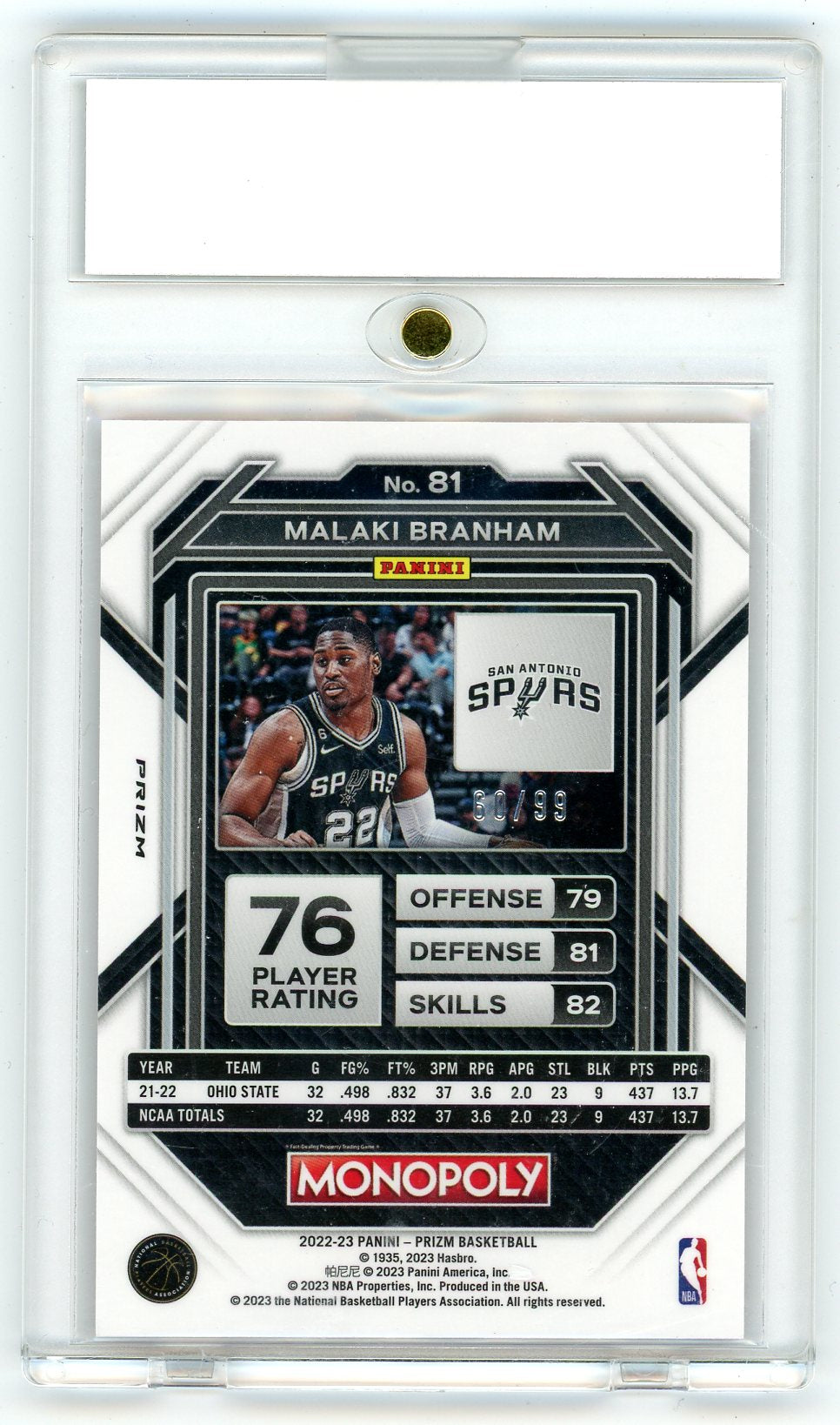 2022 Panini Prizm Monopoly Malaki Branham #81 RC /99