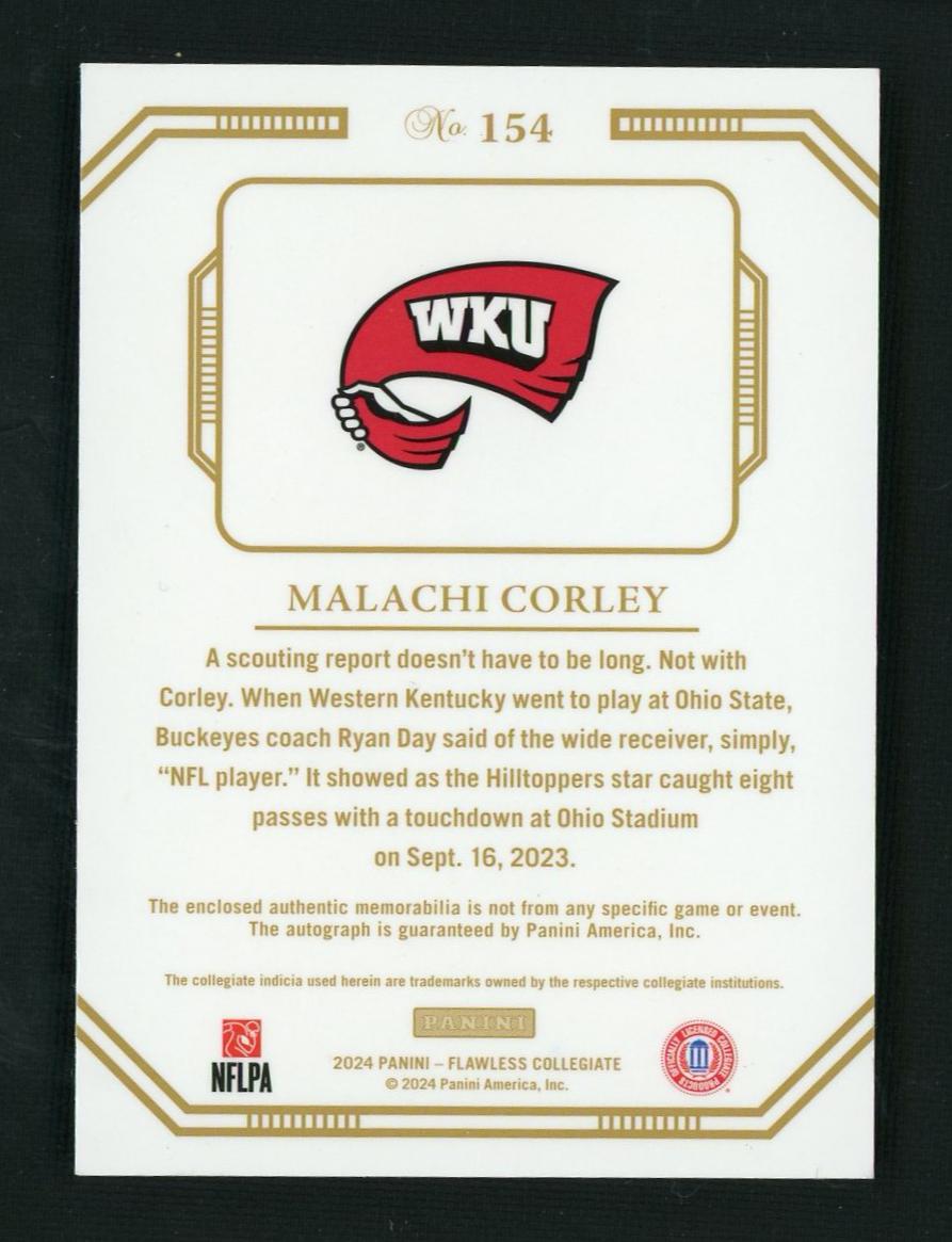2024 Panini Flawless Collegiate 154 Malachi Corley Flawless Rookie Western Kentucky University Auto