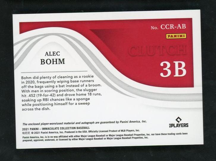 2021 Panini Immaculate Clutch Alec Bohm #CCR-AB RC Patch Auto /10