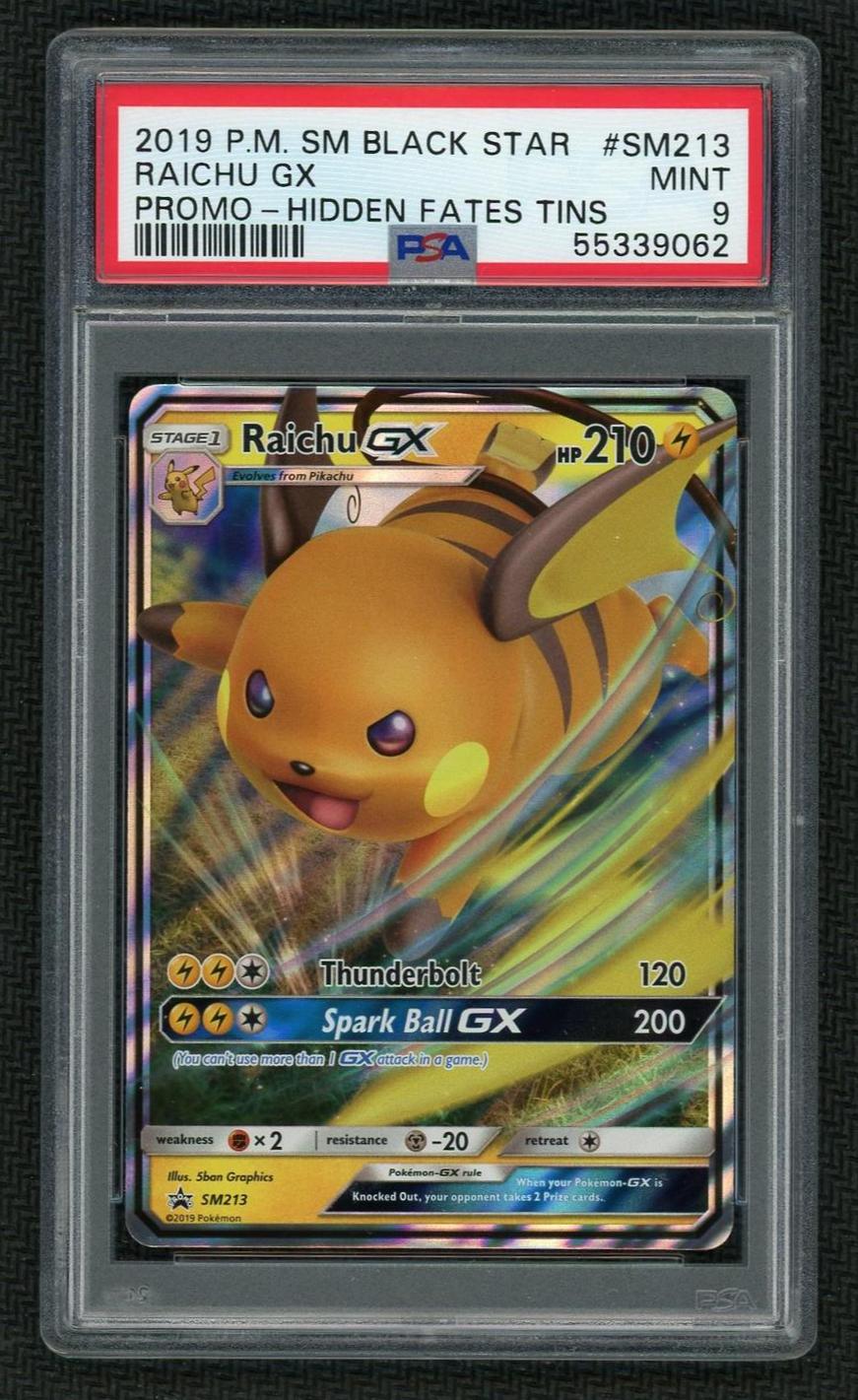 2019 Pokemon Sun and Moon Promo #SM213 Raichu Gx Hidden Fates Tins PSA 9