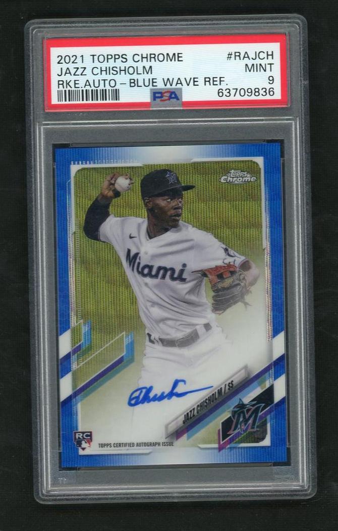 2021 Topps Chrome RAJCH Jazz Chisholm Blue Wave Refractor Blue Rookie /150 PSA 9 Mint Miami Marlins Auto