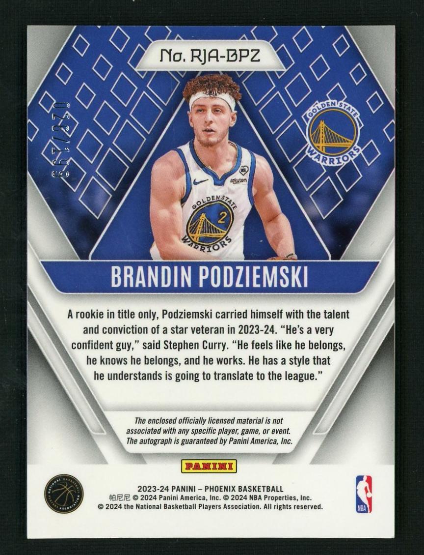2023 Panini Phoenix Brandin Podziemski #RJA-BPZ RC Patch Auto /199