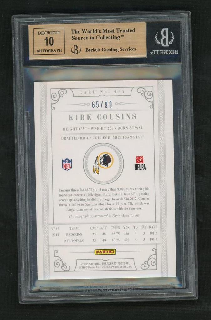 2012 Panini National Treasures Kirk Cousins #257 Auto /99 BGS 9.5 Auto 10