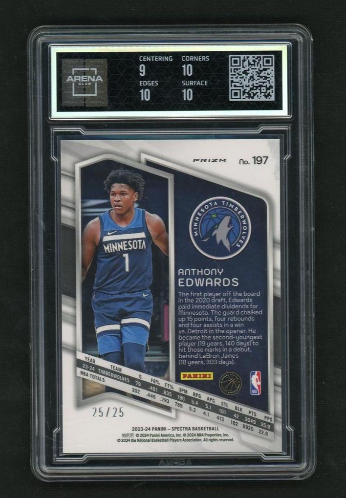 2023 Panini Spectra 197 Anthony Edwards Spectacular Debut Meta 25/25 Arena 9.5 Mint Minnesota Timberwolves