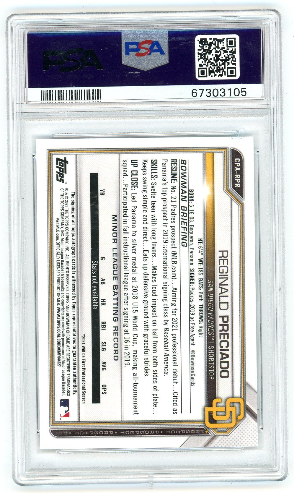 2021 Bowman Chrome Reginald Preciado Prospect Autograph PSA 10