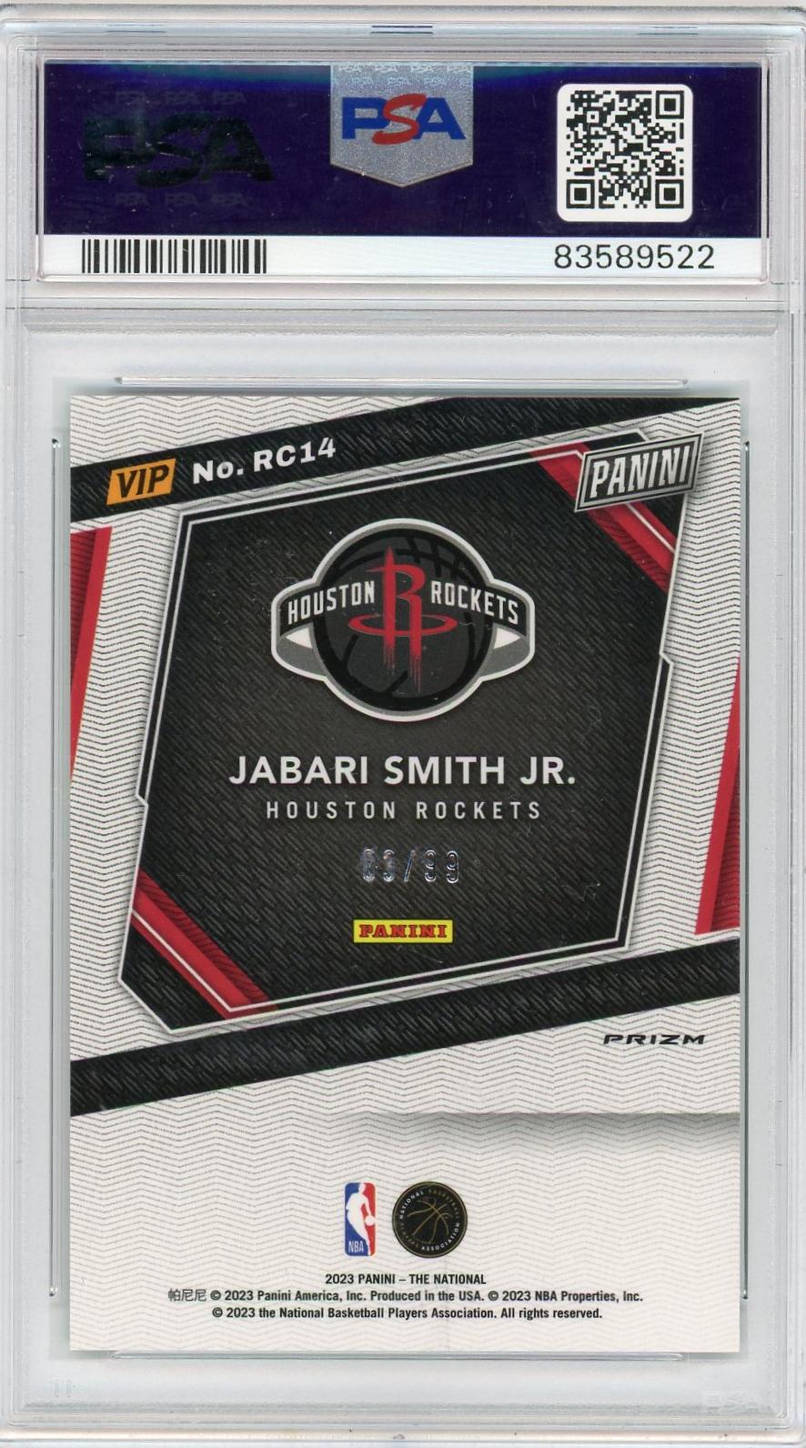 2023 Panini NSCC VIP Jabari Smith Jr. #RC14 /99 PSA 10 RC Green Sparkle