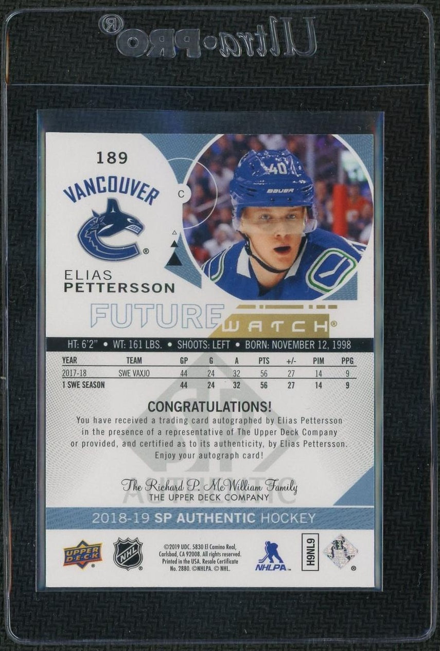 2018 Upper Deck SP Authentic #189 Elias Pettersson Future Watch Rookie /999