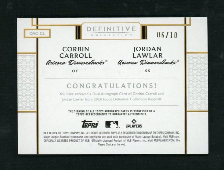 2023 Topps Definitive Collection DAC-CL Corbin Carroll Jordan Lawlar /10 Arizona Diamondbacks Auto