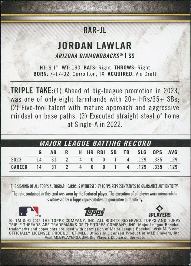 2024 Topps Triple Threads Jordan Lawlar Rookie Patch Auto /75