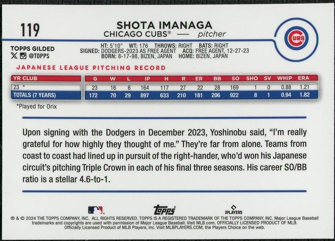 2024 Topps Chrome Gilded Mini Diamond Shota Imanaga Rookie /50