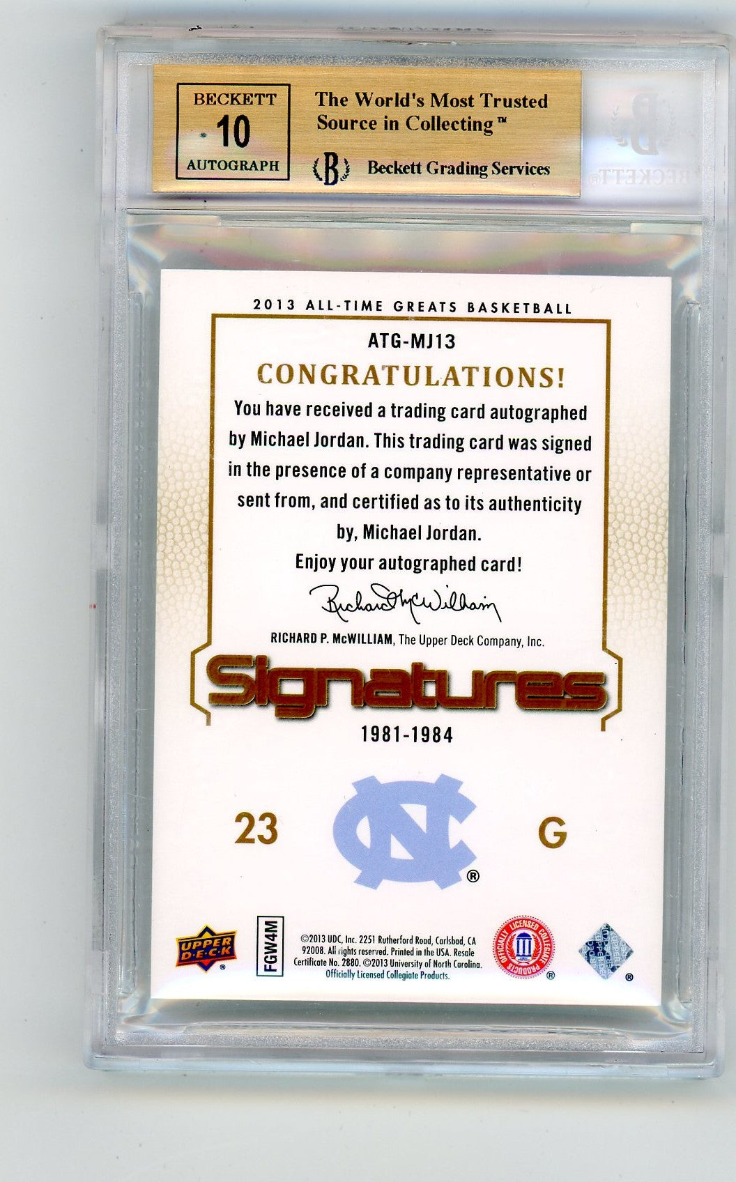 2013 Upper Deck All-Time Greats ATG-MJ13 Michael Jordan Signatures /45 Beckett 9.5 Gem Mint Tar Heels Auto
