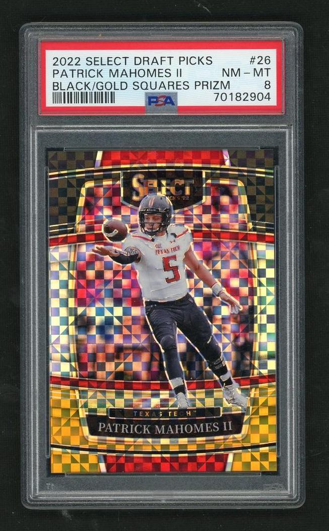 2022 Panini Select 26 Patrick Mahomes II Black/Gold Squares Prizm Black/Gold PSA 8 NM-MT Texas Tech