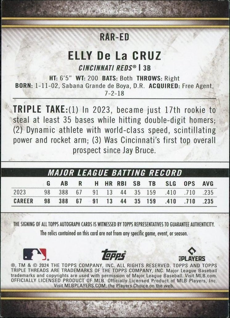 2024 Topps Triple Threads Elly De La Cruz Rookie Patch Auto /75 