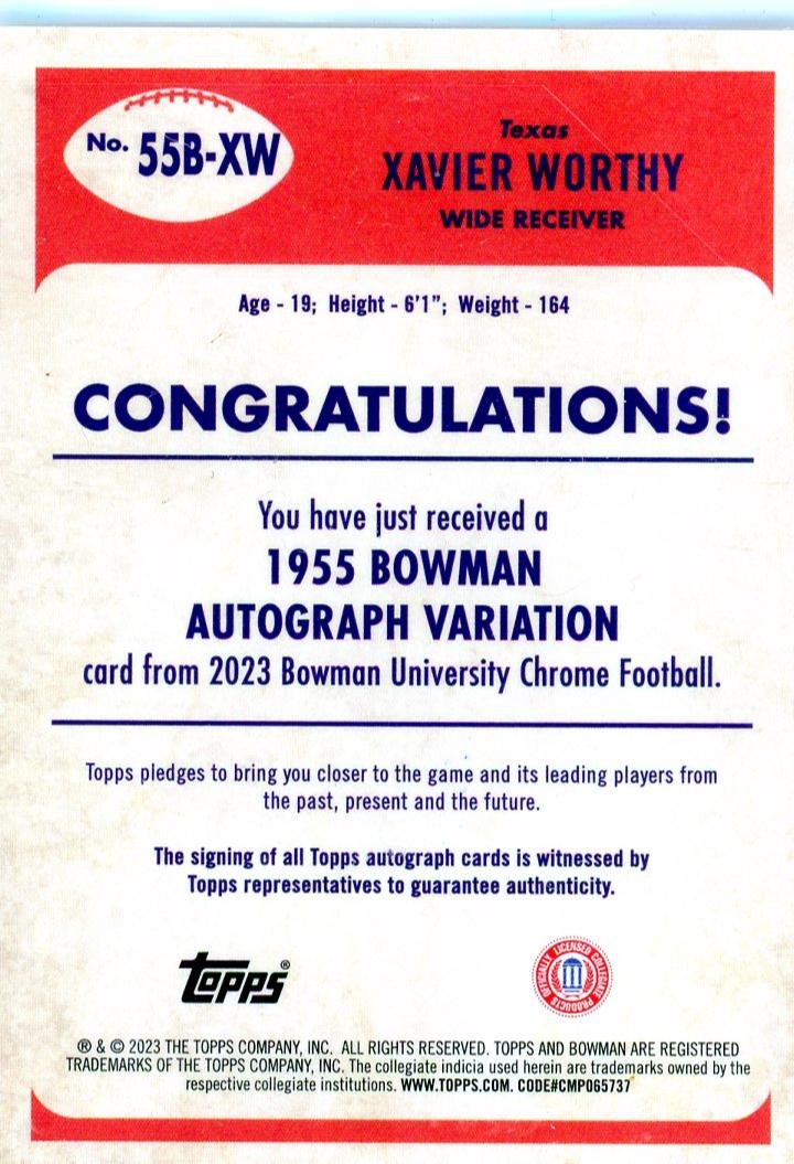 2023 Bowman University Chrome 1955 Variation Xavier Worthy #55B-XW /99 Auto