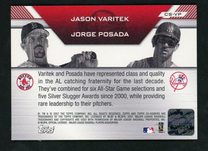 2006 Topps Co-Signers CS-VP Jason Varitek Jorge Posada Co-Signers Autographs Boston Red Sox New York Yankees
