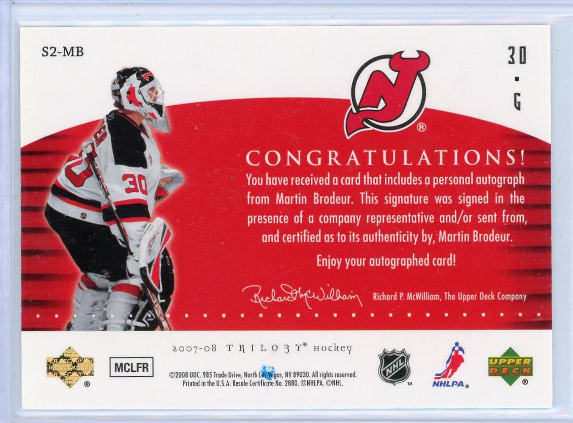 2007 Upper Deck Trilogy Script Martin Brodeur #S2-MB Auto