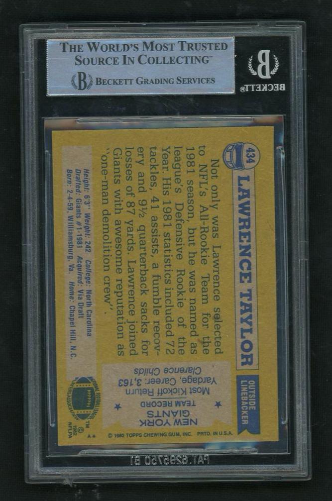 1982 Topps Lawrence Taylor #434 RC Auto BGS Authentic Auto