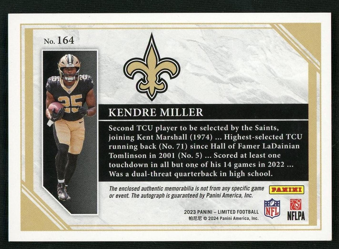 2023 Panini Limited Kendre Miller Rookie Patch Auto /99