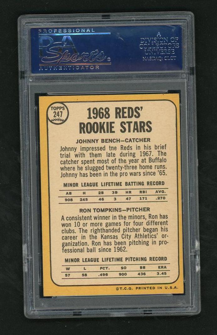 1968 Topps 247 Johnny Bench/Ron Tompkins Rookie PSA 4 VG-EX Reds
