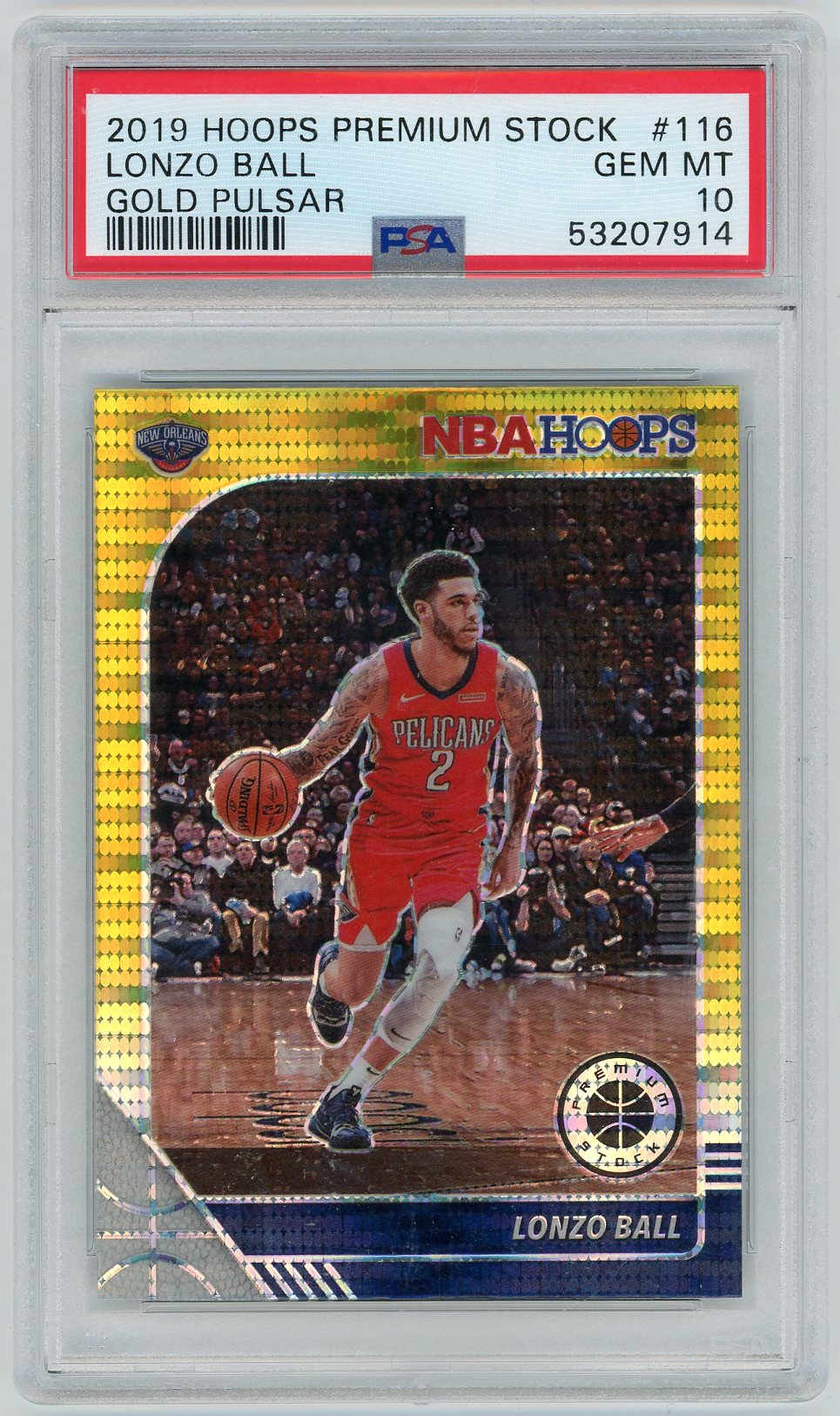 2019 Hoops Premium Stock #116 Lonzo Ball Gold Pulsar Prizm PSA 10