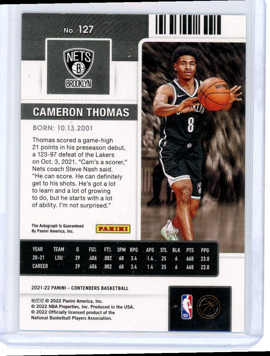 2021 Panini Contenders 127 Cameron Thomas Rookie Ticket 75th Rookie Brooklyn Nets Auto