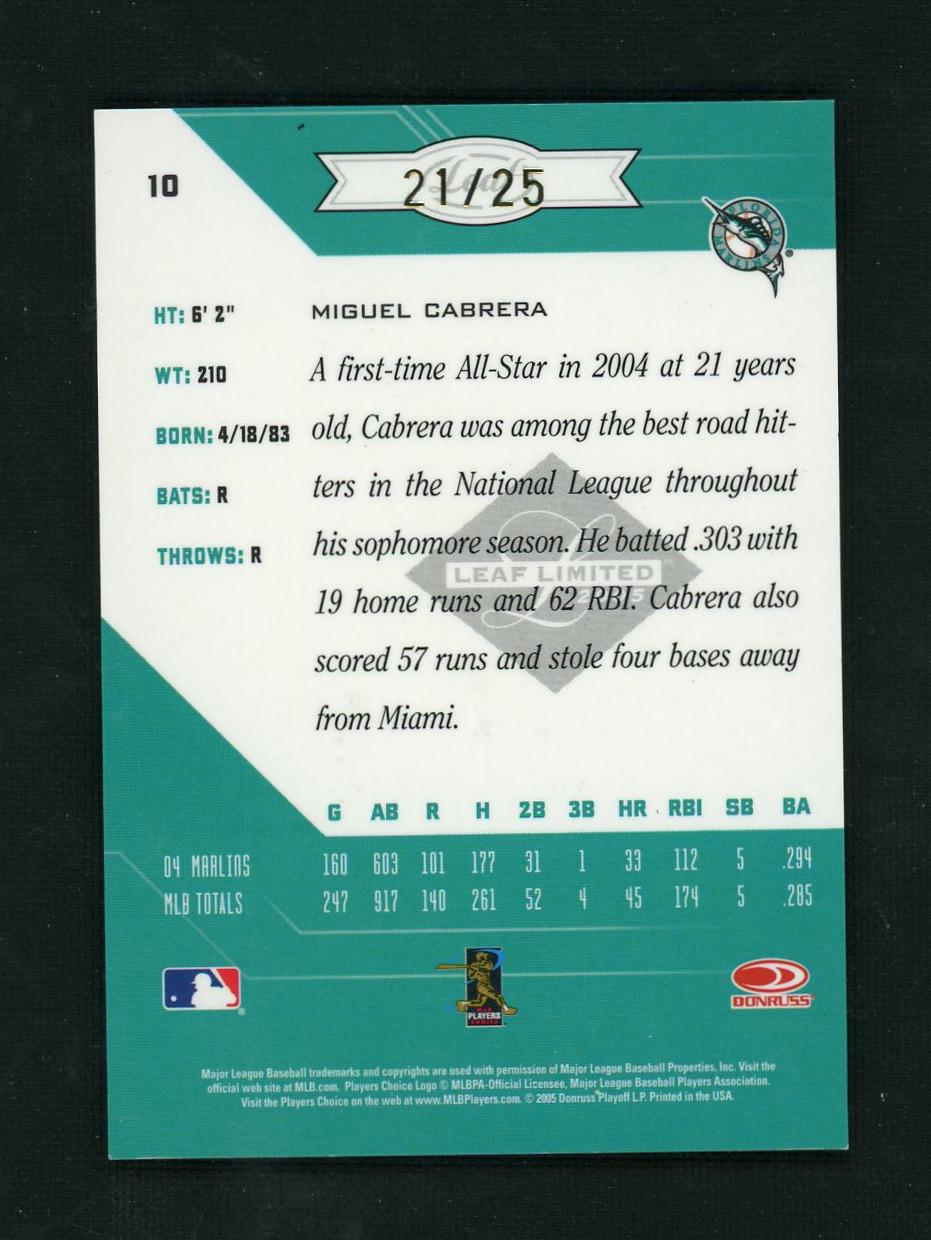 2005 Leaf Limited Monikers Miguel Cabrera #10 Auto /25