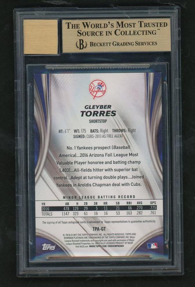 2017 Bowman Platinum TPA-GT Gleyber Torres Top Prospects Autographs Orange /25 Beckett 9.5 Gem Mint Yankees