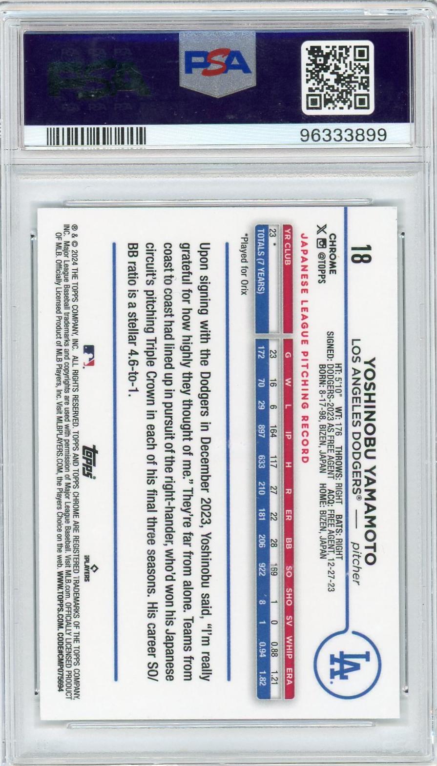 2024 Topps Chrome Negative Refractor Yoshinobu Yamamoto #18 PSA 9