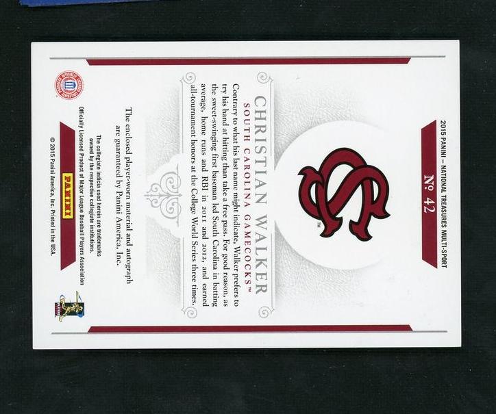 2013 Panini National Treasures 42 Christian Walker Materials /25 South Carolina Auto