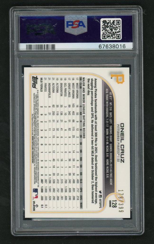 2022 Topps Chrome 128 Oneil Cruz Pink Rookie /399 PSA 10 Gem Mint Pittsburgh Pirates