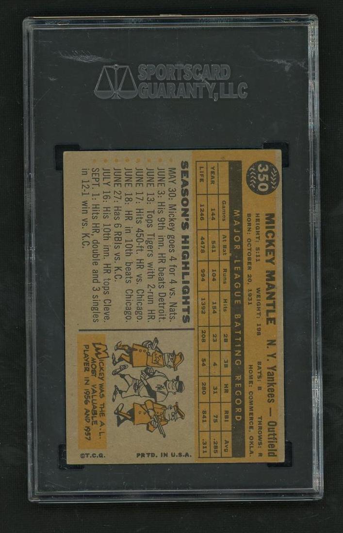1960 Topps #350 Mickey Mantle SGC 60 EX New York Yankees