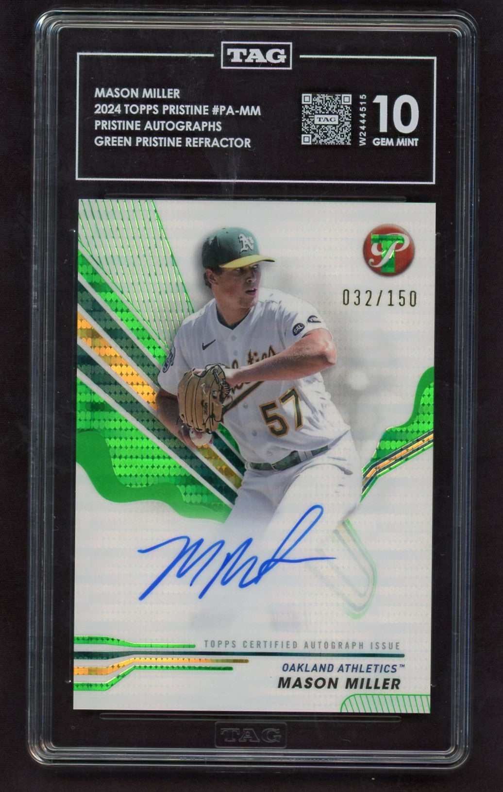 2024 Topps Pristine #PA-MM Mason Miller Pristine Autographs Green /150 TAG 10