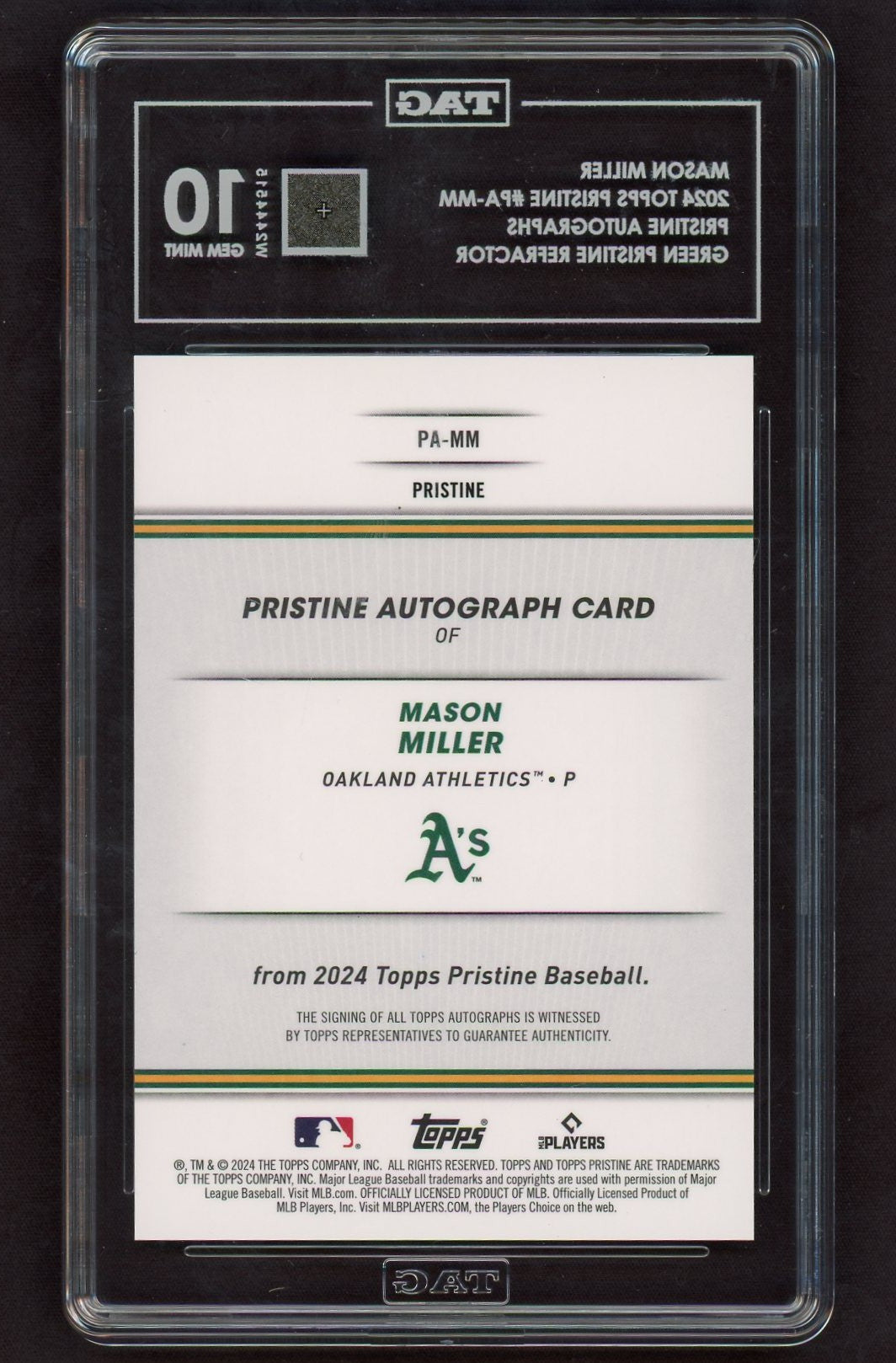 2024 Topps Pristine #PA-MM Mason Miller Pristine Autographs Green /150 TAG 10