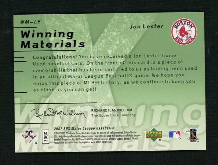2007 Upper Deck SPx Winning Materials Jon Lester #WM-LE /15