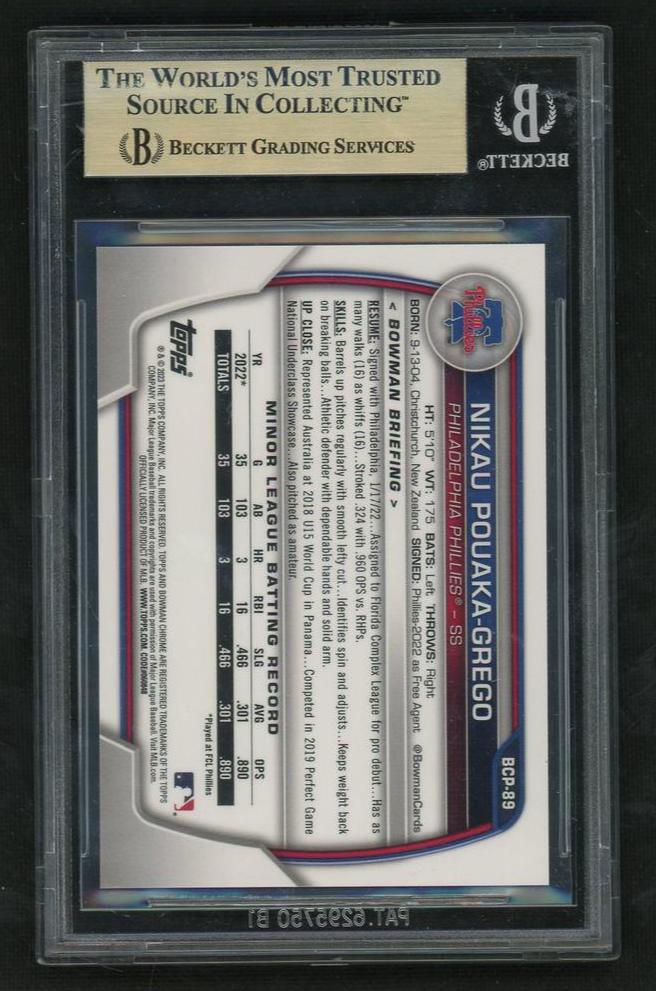 2023 Bowman Chrome BCP-89 Nikau Pouaka-Grego Prospects Sapphire Green Rookie Beckett 9.5 Gem Mint Philadelphia Phillies