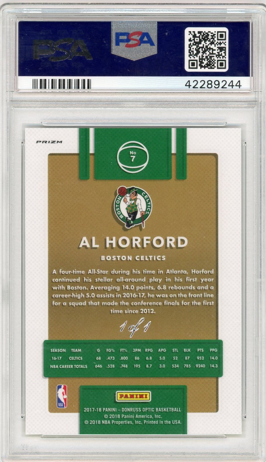 2017 Donruss Optic #7 Al Horford Gold Vinyl /1 PSA 10