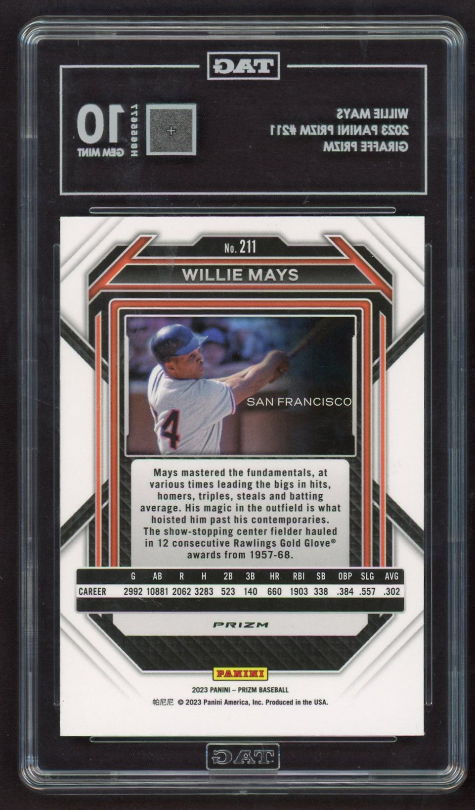 2023 Panini Prizm #211 Willie Mays Giraffe Prizm Giraffe TAG 10 San Francisco