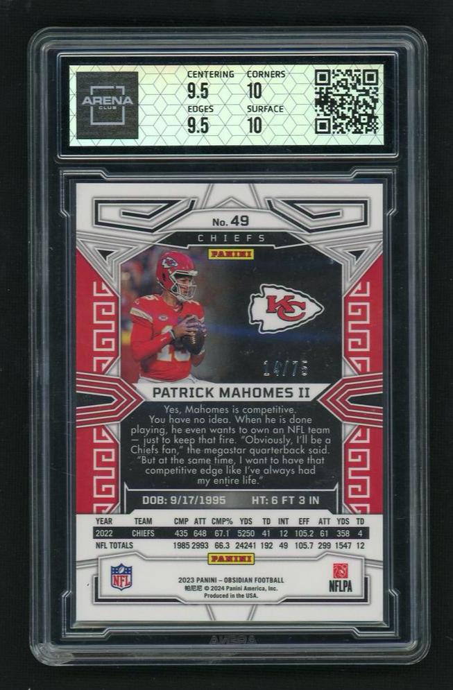 2023 Panini Obsidian 49 Patrick Mahomes II Purple /75 Arena 10 Gem Mint Chiefs
