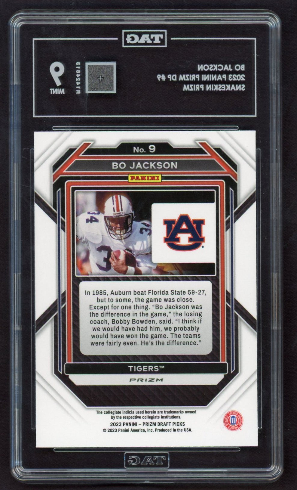 2023 Panini Prizm DP #9 Bo Jackson Snakeskin Prizm Snakeskin TAG 9 Mint Auburn