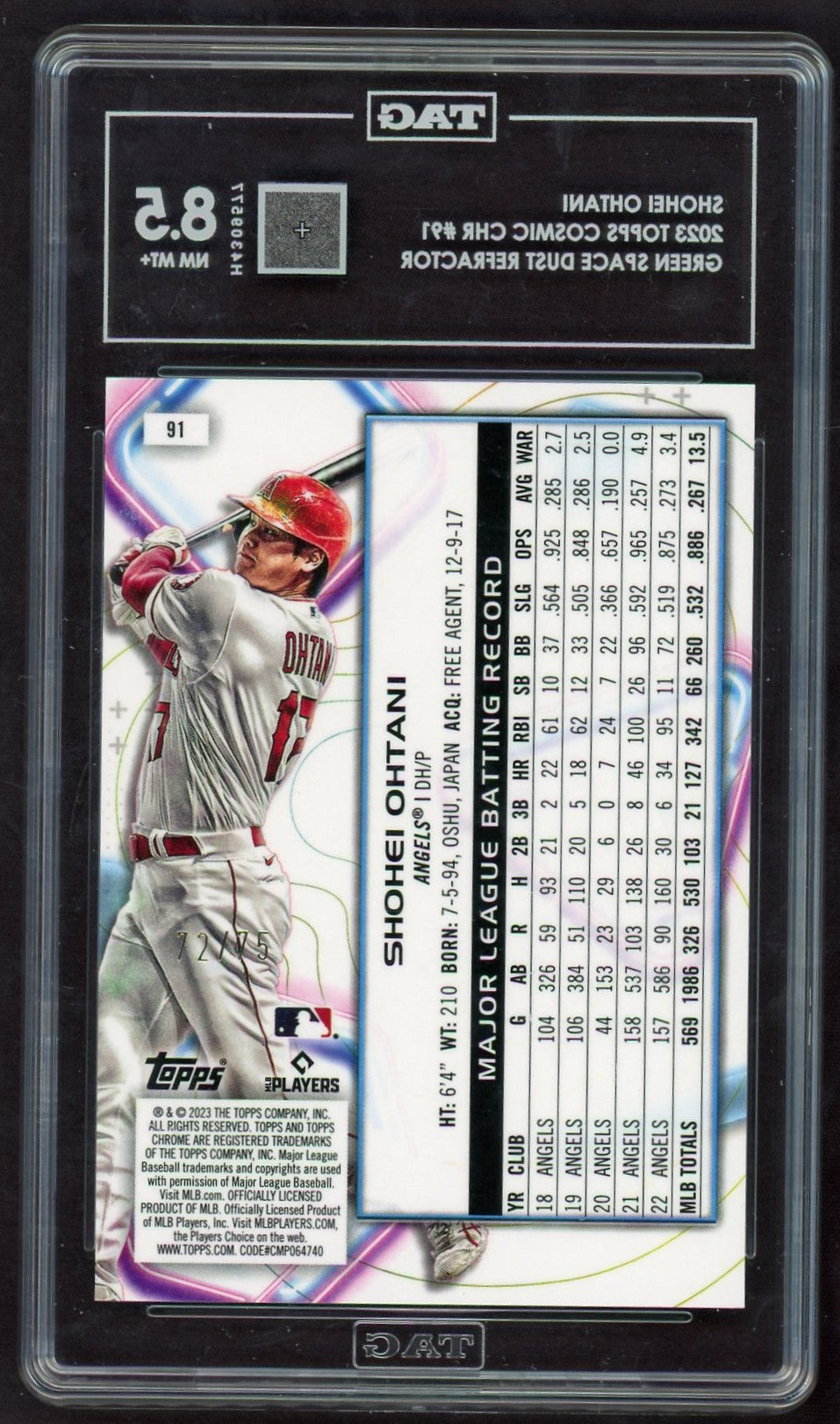 2023 Topps Chrome #91 Shohei Ohtani Cosmic Green /15 TAG 8.5 NM MT+ Angels