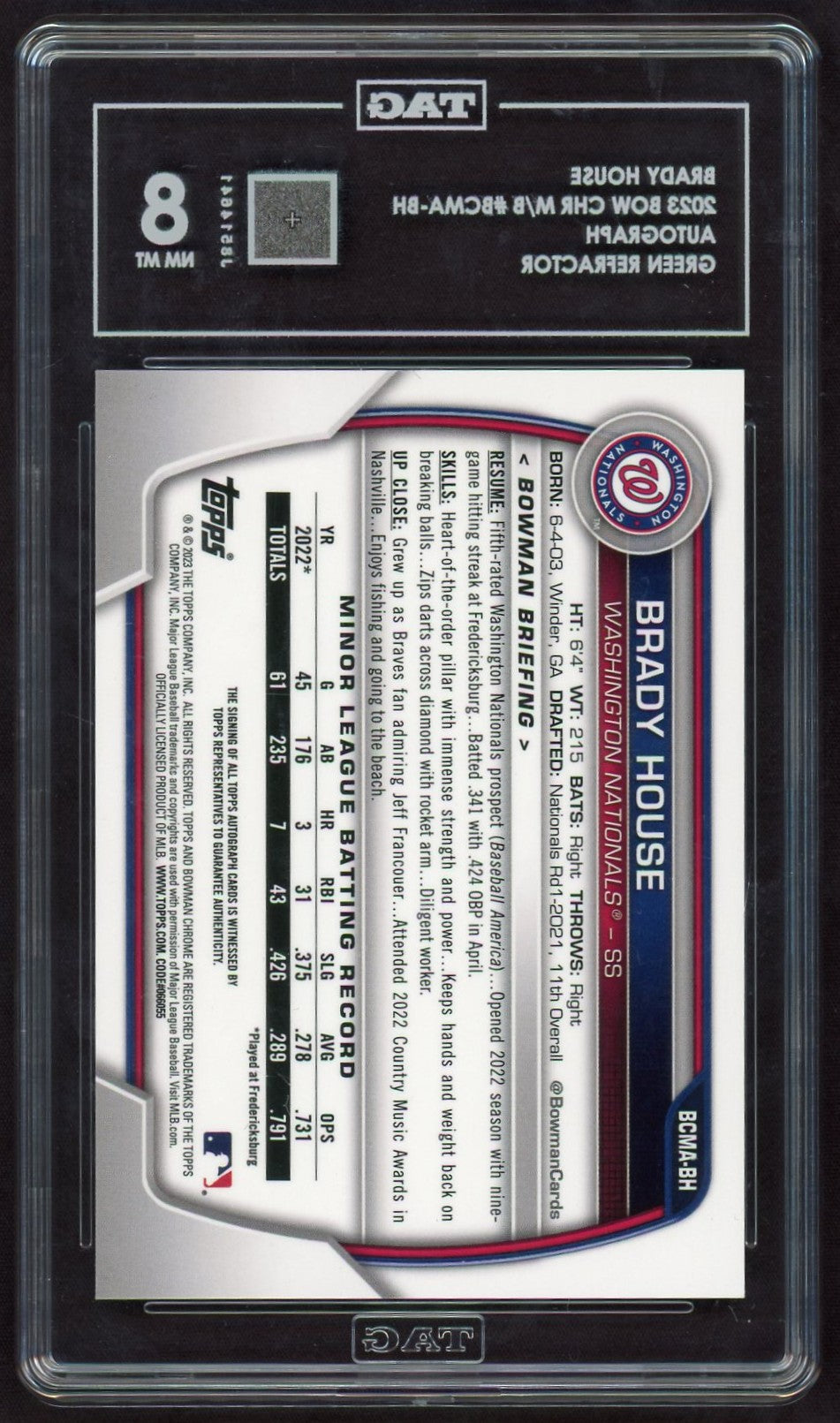 2023 Bowman Chrome #BCMA-BH Brady House Green /99 Auto TAG 8 Nationals